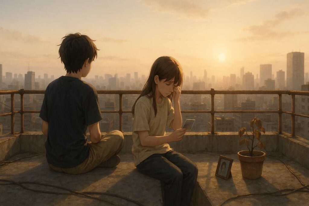 Anime rooftop sunset scene from Silent Chapters, showing boy and girl apart in quiet reflection.