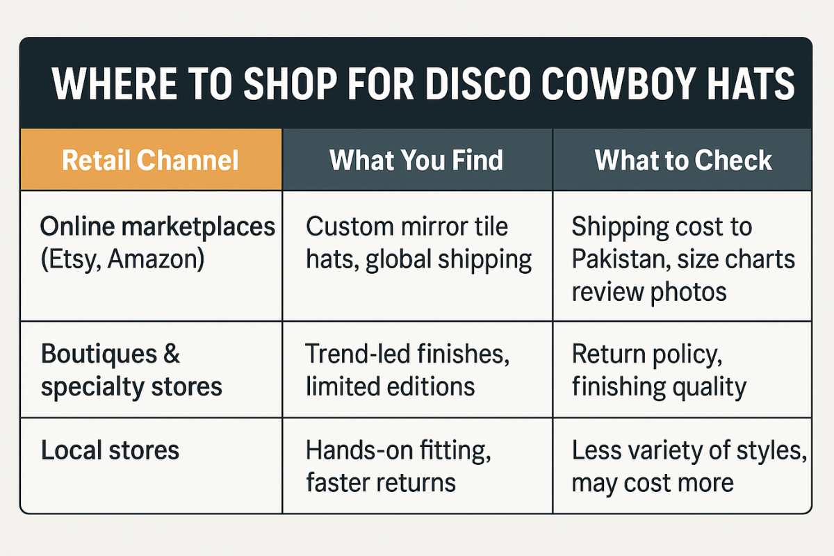 SEO Alt Text:
Infographic comparing where to buy disco cowboy hats and what to check before purchase.